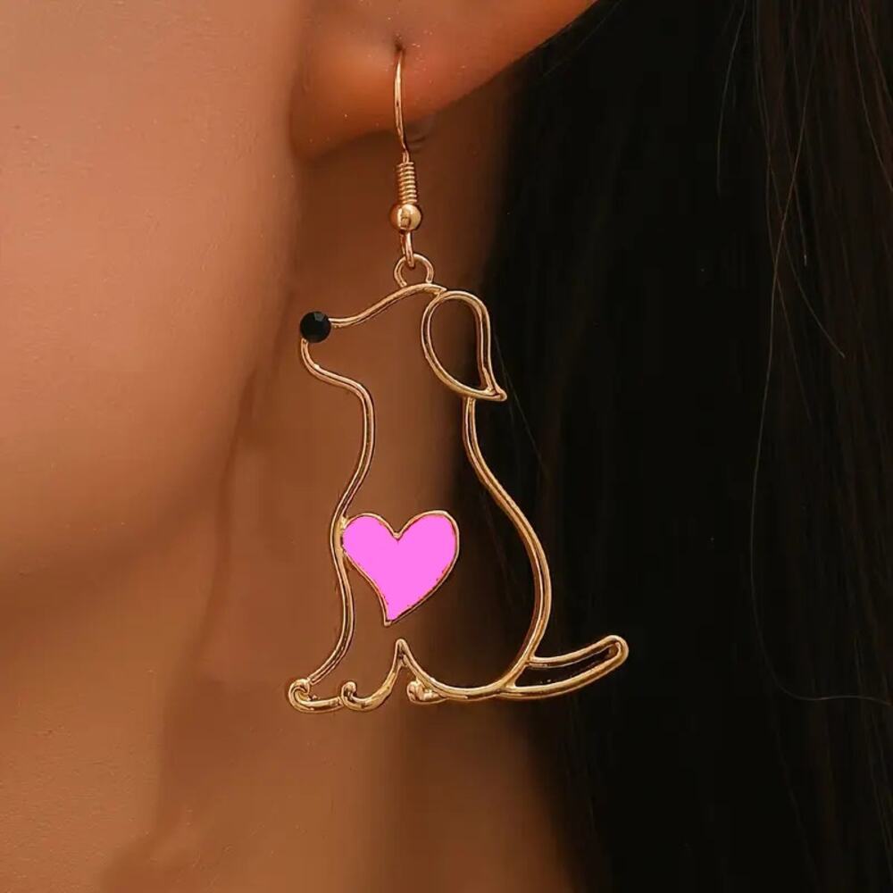 NEW Gold Dog Earrings with Pink Heart – Cute Pet Lover Dangle Jewelry